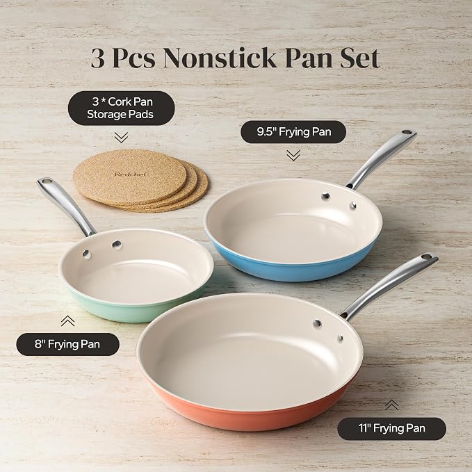 Redchef Colorful Ceramic Nonstick Frying Pan Set, Ceramic Pan Skillet, Non Toxic Pans for Cooking, Induction Compatible with Stainless Steel Handles & 3 Cork Pads, PFAS & PTFE & PFOA Free（8+9.5+11"）