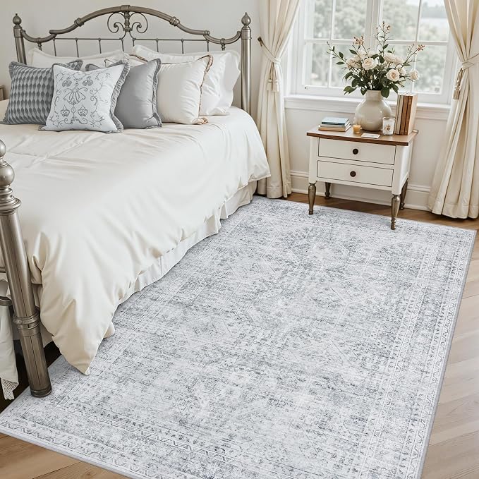6x9 Area Rugs for Living Room: Vintage Boho Neutral Washable Rug Indoor Soft Large Area Rug Carpet for Bedroom Nursery Farmhouse Dining Room Office Floor Non-Slip Low Pile Under Table Rug Gray