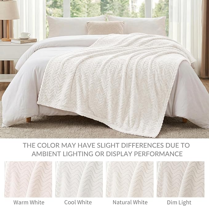 Exclusivo Mezcla Large Fleece Throw Blanket for Couch, Sofa, Ivory | 50"x70" Soft Breathable Lightweight Flannel Throws for Summer, Plush Cozy Jacquard Wave Blanket for Home Decor