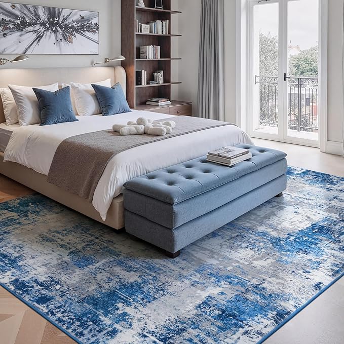 Rugflix 5x7 Area Rugs for Living Room, Washable Blue Grey Large Rug | Machine Washable; Stain-Resistant; Low Pile; Non-Slip; Modern Abstract; Carpet for Bedroom Dining Office Nursery Home