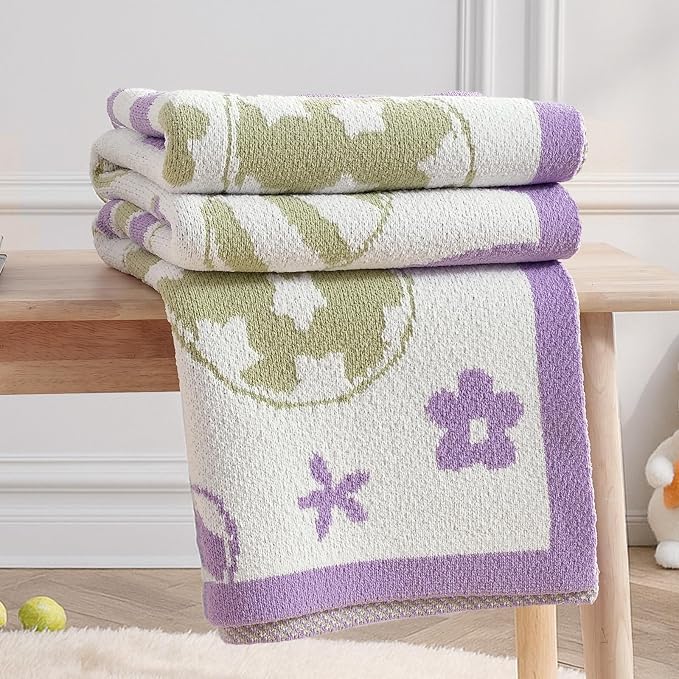 Animal Chenille Throw Blanket for Couch, Bunny and Eggs Knit Throws, Cozy Soft Summer Party Themed Blankets for Sofa, Bed, Gift & Decor, 50"x60", Purple/Green