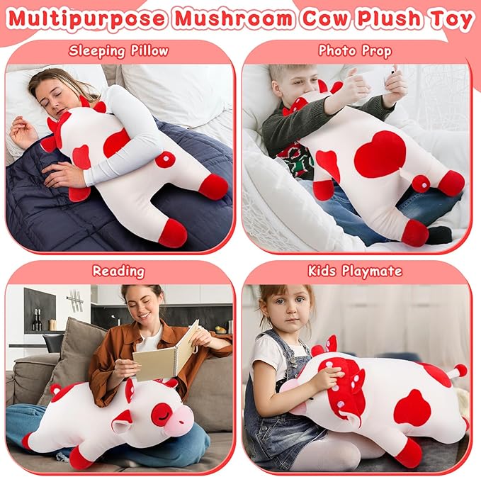 Auspicious beginning 30'' Giant Mushroom Cow Plush Stuffed Animal-Cute Mushroom Cow Plush Body Pillow Plushies, Large Sleeping Cow Stuffed Animal Big Plushie Toy, Birthday Gifts for Kids Girls Boys