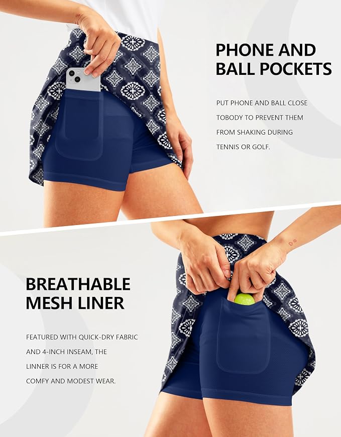16" Golf Skirt with 2 Zipper Pockets | Tee Holder, Mesh Shorts, High Waisted, Casual, Pickleball, Athletic, Tennis, Skorts for Women