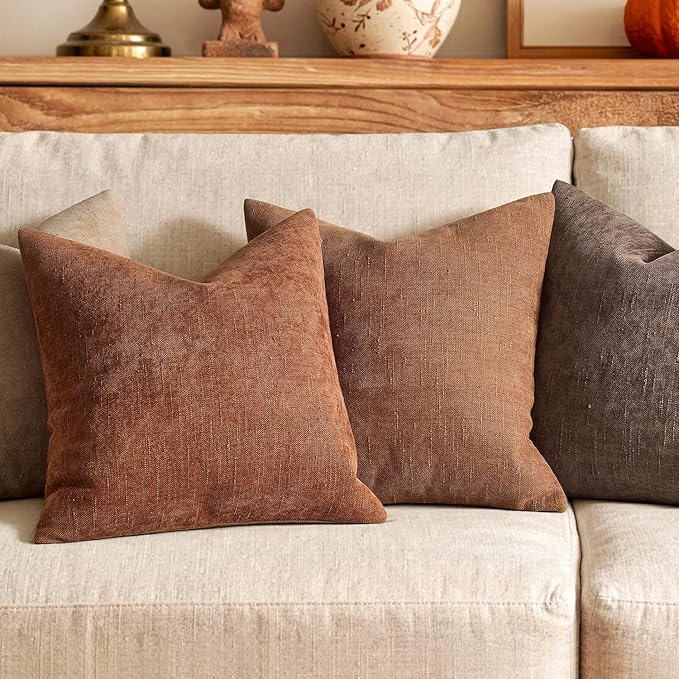 MIULEE Textured Chenille Fall Throw Pillow Covers 18x18 Inch Dark Rust | Pack of 2 Decorative Soft Throw Pillows, Solid Textured Cushion Covers, Modern Home Decor for Couch Sofa Bedroom Living Room