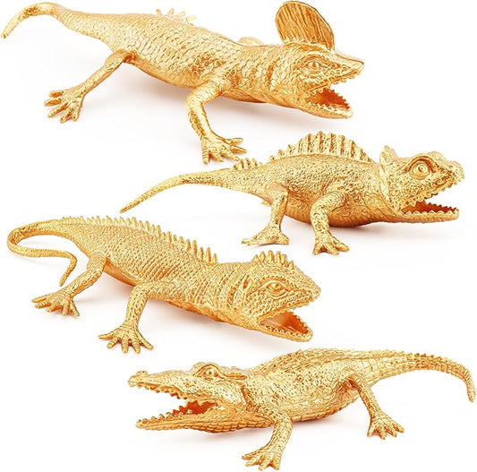Golden Lizard Cake Topper Crocodile Toy Set for 4PCS Gold Alligator Cupcake Decorations Chameleon Cake Decorations for Boys 4 Inch for Kids Toddlers Birthday Gift
