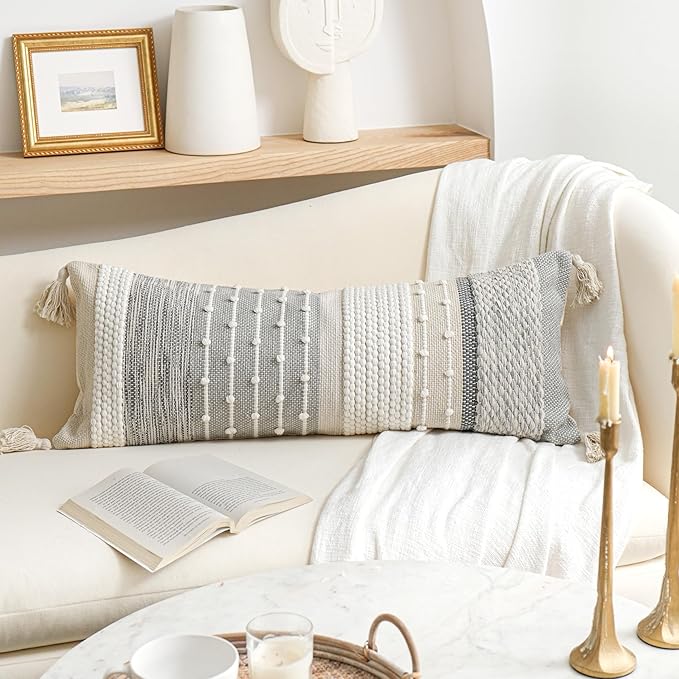 Gray Boho Lumbar Throw Pillow Cover 14x36 Grey Accent Long Body Lumbar Pillow for Bed Decorative Modern Bohemian Woven Textured Lumbar Pillow for Bed Cover ONLY