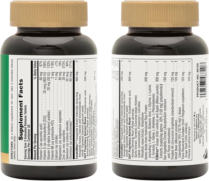 NaturesPlus Ultra GHT Male Extended Release Bilayer Tablets - 90 Vegetarian Supplements - Maximum Strength Natural Testosterone & Human Growth Hormone Boost- Gluten-Free - 30 Servings