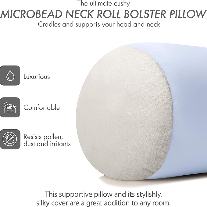 Microbead Bolster Neck Roll Pillow, Gently On Body, Head, Neck & Shoulders No Pain Rest, Relax Sleep - Silky Feel Prevent Wrinkles & Hair Breakage - Lightweight Cylinder Tube, 14" x 8", Silver Mist