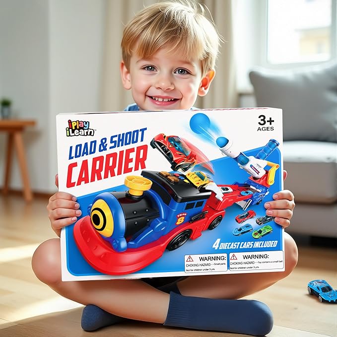 iPlay, iLearn Kids Launching Truck Toys for Boys Ages 3-5, Toddler Track Toy, 4 Mini Diecast Race Cars, Balls Shooting Game, Large Light Sound Carrier Train, Birthday Gifts for 4-6 7 8 9 Yrs Old Child