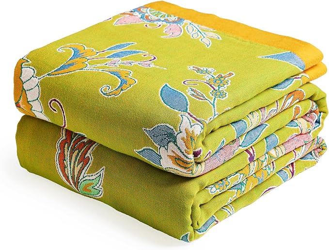VANJOROY Boho Throw Blanket, 100% Organic Cotton Breathable Ultra Soft Bed Quilt Throw - All Season Luxury Floral Farmhouse Decor Blanket for Sofa Couch Chair and Gift. 91" x 98"-Green/Blue
