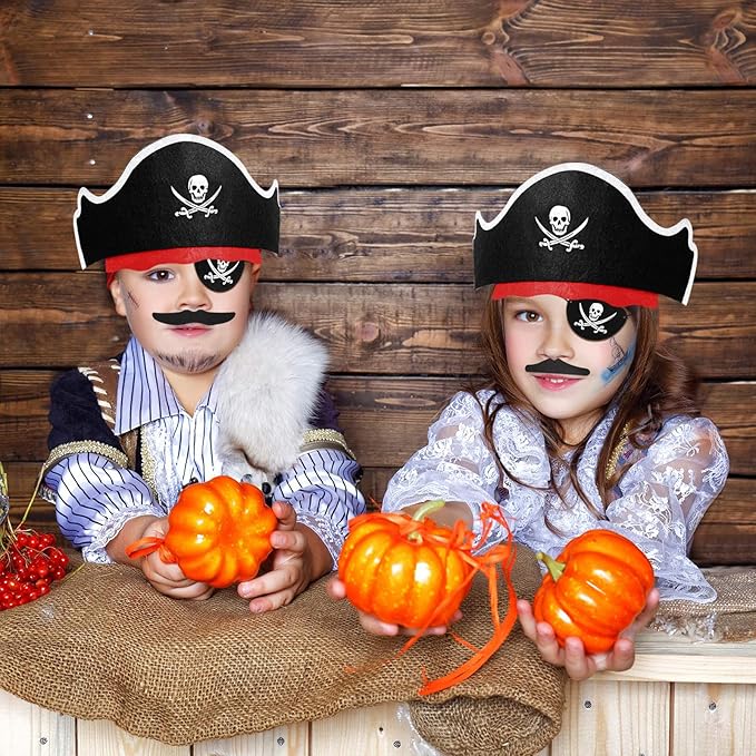 Halatool 72 Pcs Halloween Pirate Party Set for Kids, 24 Pirates Hats with 24 Eye Patches and 24 Mustaches, Pirate Costume Accessories Bulk for Halloween, Masquerade, Cosplay, Party Favors Decor