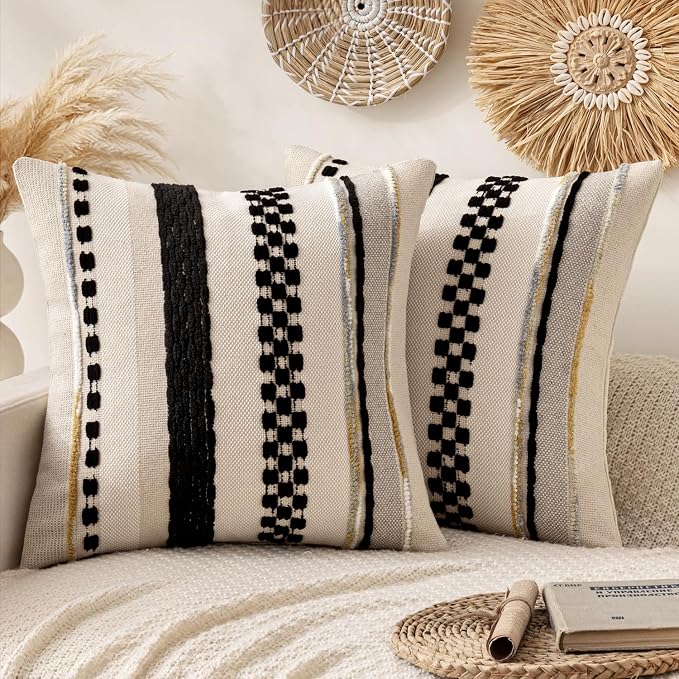 ANRODUO Boho Decorative Pillow Covers 18x18 Inch Black Stripe Pack of 2 | Throw Pillow Covers, Farmhouse Cushion Case, Chenille Pillow Cases, Pillow Covers, Accent Neutral Pillowcase for Sofa Couch