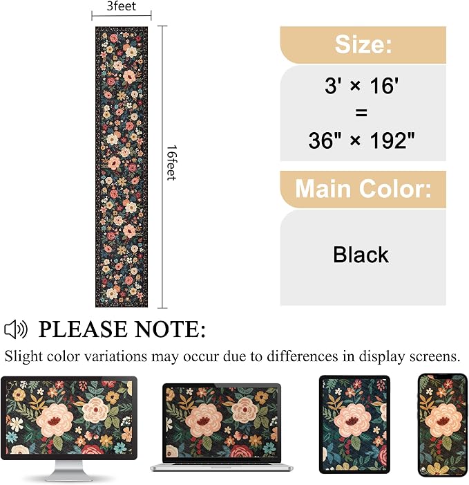 DUKINO 3x16 Runner Rug for Hallway, Non Slip Long Washable Rug, Black | Non Slip, Low Pile, Soft Floral Indoor Runner Rug for Kitchen, Entryway, Bedroom, Bathroom, Pet Friendly, Modern Home Decor