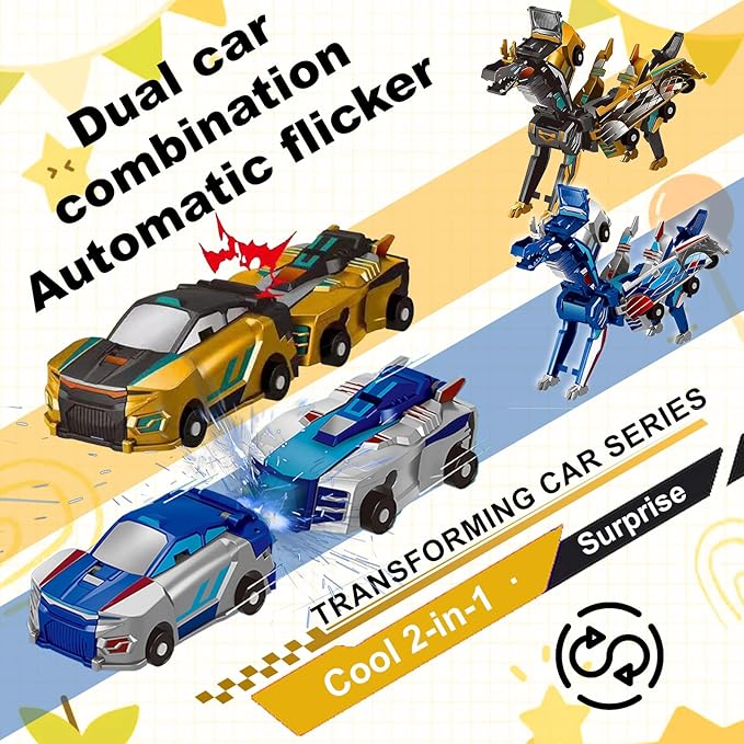 2-in-1 Collision Transformation Dinosaur Car Toy |Magnetic Cars Convertible Robot Toys|DinosaurToys for Kids 3-12 Ideal Christmas Birthday Gift for Boys (Golden Blue)