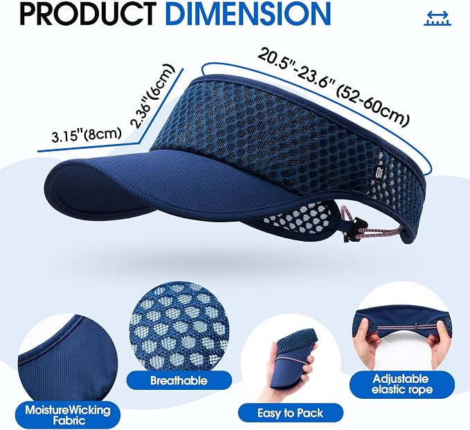 AUSFLUG Sun Visor Hat Men Women - Moisture Wicking Lightweight Sports Cap | Quick dry breathable mesh, adjustable ponytail strap, sun blocking for golf, tennis, pickleball, running, beach, hiking