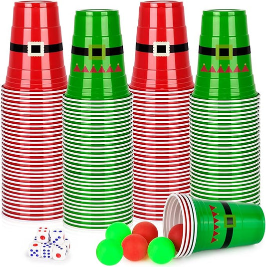 60 PCS Christmas Cup Pong Game Set - 16 Oz Red & Green Plastic Party Cups with 10 Red&Green Balls for Holiday Party Games, Family Gatherings, Christmas Party Supplies