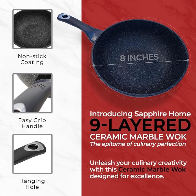 HOME N KITCHENWARE Nonstick Ceramic Wok, Frying Pan - Premium 9-Layered Cookware, Korean Marble-Coated - Easy to Clean Cast Aluminum - Induction Ready for Saute, Stir-Fry, Eggs, Fried Rice 12-Inch