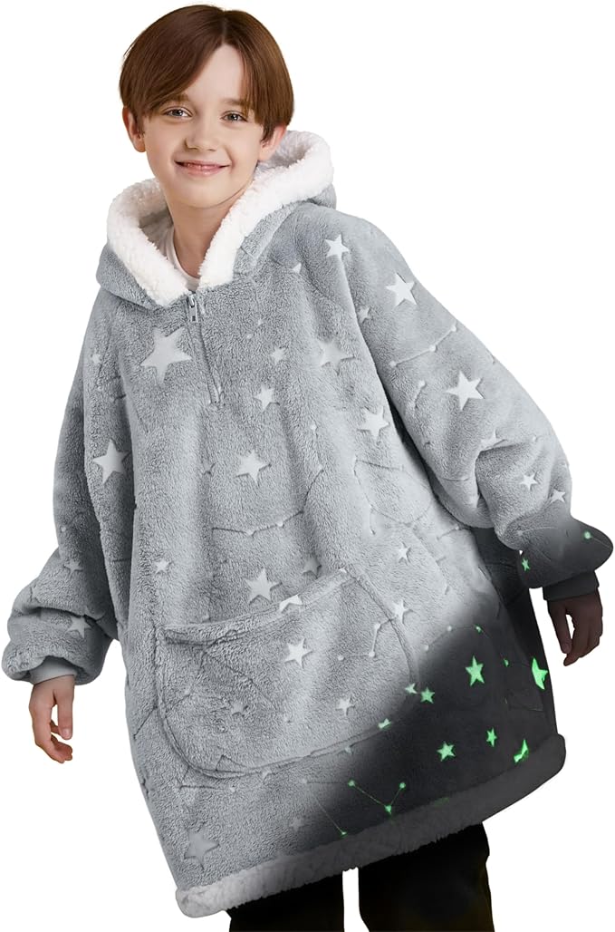Giggling Getup Glow in The Dark Wearable Blanket Hoodie for Girls and Boys Warm Cozy Sherpa Fleece Hooded Blanket Sweatshirt Oversized Hoodie with Giant Pocket & Sleeves for Kids Cat
