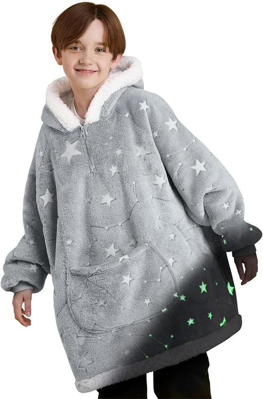 Giggling Getup Glow in The Dark Wearable Blanket Hoodie for Girls and Boys Warm Cozy Sherpa Fleece Hooded Blanket Sweatshirt Oversized Hoodie with Giant Pocket & Sleeves for Kids Cat