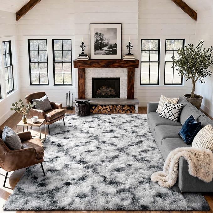 7x10 Ft Extra Large Shag Rugs for Living Room, Tie Dyed Ultra Soft Fluffy Furry Area Rugs for Bedroom Indoor Floor, Aesthetic Carpet for Kids Home Decor Black White