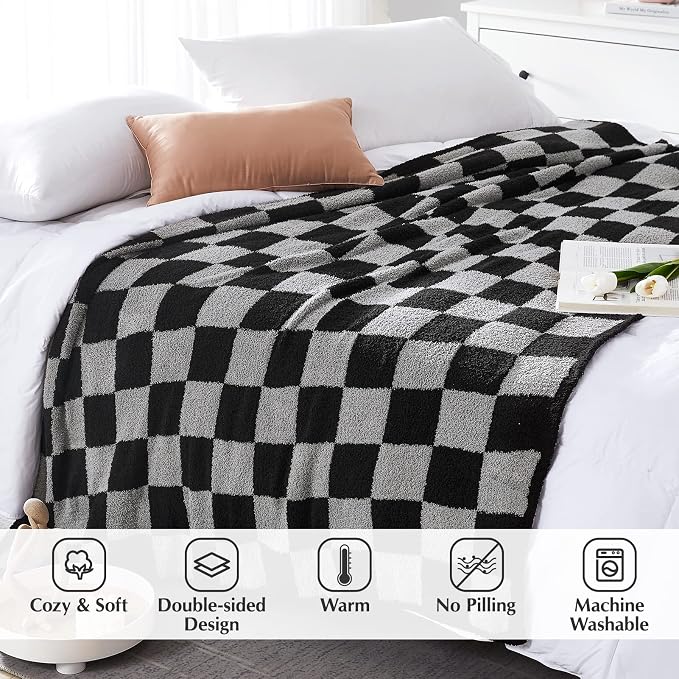 Soft Checkered Throw Blanket for Couch-Cozy Warm Knitted Blankets | Lightweight Warm Fluffy Decor for Women, Mom, Her & Girls, Sofa, Chair, Bed, 50x70in, Black Grey