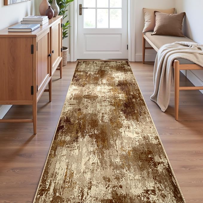 RELEANY Washable Runner 2'x6' Abstract Area Rug for Hallway Brown Tan | carpet for kitchen, entryway, bathroom, living room, bedroom, printed pattern, non-slip, soft, stain-resistant, easy to clean