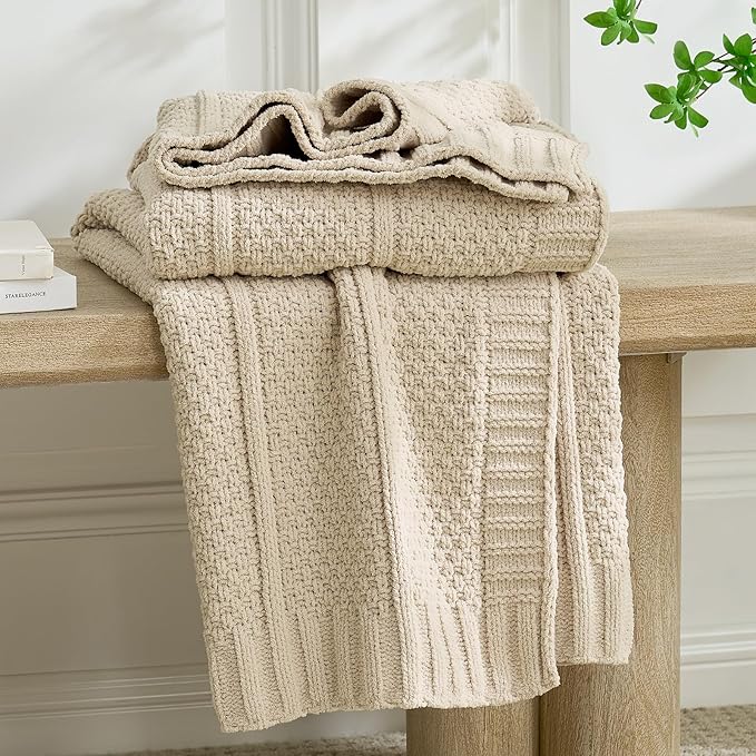 Amélie Home Premium Chenille Throw Blanket, Soft Cozy Moss Stitch Knit Blanket for Couch, Sofa, Chair, Home Decor, Beige 50"x60"