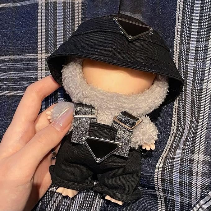 Clothes for 17cm Dolls(NO Doll)，Premium Handmade Clothes，Adjustable Kawaii Outfits for Clothes Set，Dolls Keychain Accessories，Bucket Hat+Overalls (Black)
