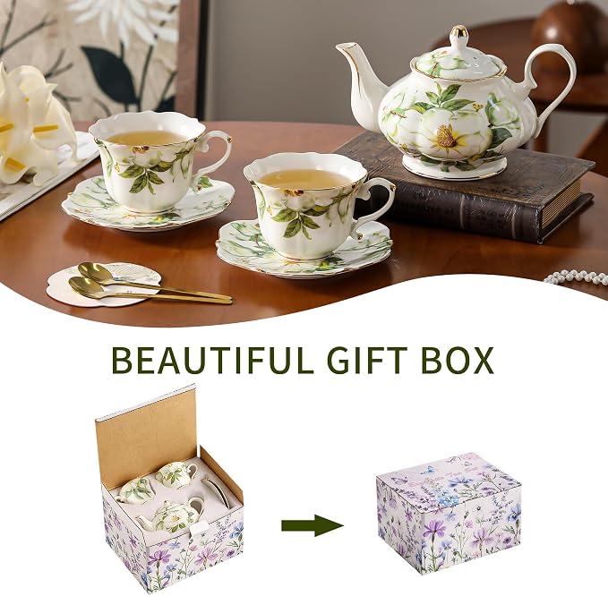 TATSUMI Country Roses Porcelain Tea Set, European Ceramic tea set for one or two,Vintage Style, For Women and Tea Parties (Green, 7 Pieces Set)