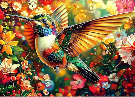 Blueforest Hummingbird Dream 1000 Piece Puzzle for Adults - Vibrant Hummingbird & Flowers Jigsaw Puzzle | Premium Recycled Puzzle with Poster & Letters on Back (27.5" x 19.7")