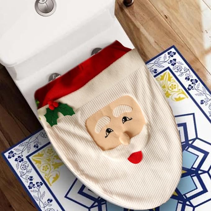 VANTATY Christmas Santa Claus Toilet Seat Cover, Soft Flannel Chair Xmas Toilet Cover, Party Christmas Ornaments Holiday Decor
