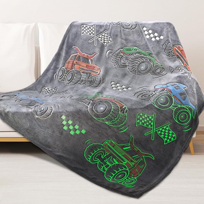 Glow in The Dark Blanket for Boys Truck Car Toys Unique Gifts for Kids Glowing Cartoon Tractor Throw Blanket Soft Fleece Blanket Excavators Room Bed Sofa Decor Blankets All Seasons 50"×60"