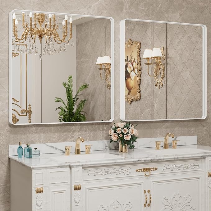 LOAAO 38x38 Inch White Metal Framed Bathroom Mirror | Rounded Rectangle, Anti-Rust, Tempered Glass, Hangs Horizontally or Vertically