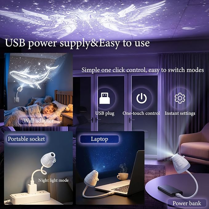 2-in-1 Galaxy Projector Night Light, USB Star Projector for Bedroom | 360° Adjustable Brightness Portable Galaxy Light Mini LED Wall Projection Lamp for Roof of Car & Tent Home Decor Gift,6 Films