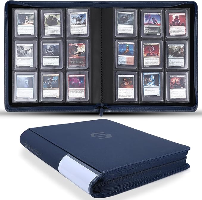 Snekdy Top loader Binder, 9 Pockets Top Loader，Holds 360 Top Loaders cards, Card binder with Sleeves for card in 3 x 4 inches color smooth Zipper PU Leather (Blue)