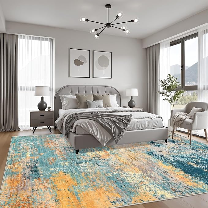 9x12 Area Rug Living Room Rug: Washable Modern Abstract Soft Thin Rug Indoor Floor No Slip Carpet for Bedroom Dining Room Farmhouse Nursery Home Office - Rosy Haze