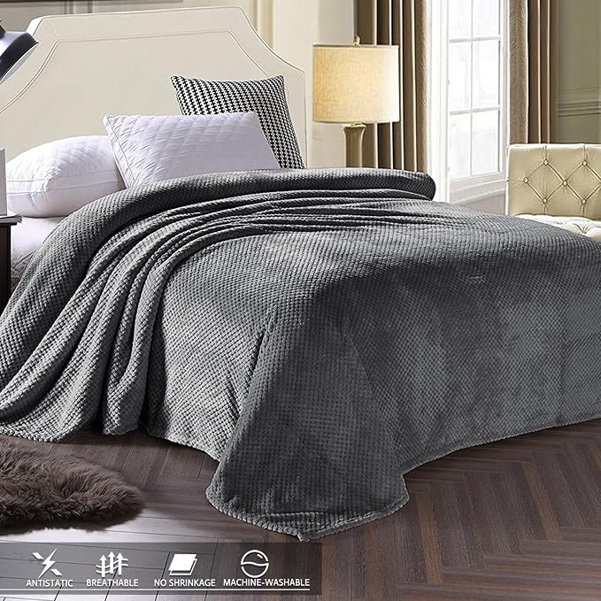 Exclusivo Mezcla Soft Waffle Fleece Bed Blanket Twin XL Size, Gray | Lightweight Plush Blanket for Bed, Couch, Sofa, Cozy Fluffy Design for Bedroom, Guest Room, All Season, 90x66 Inches