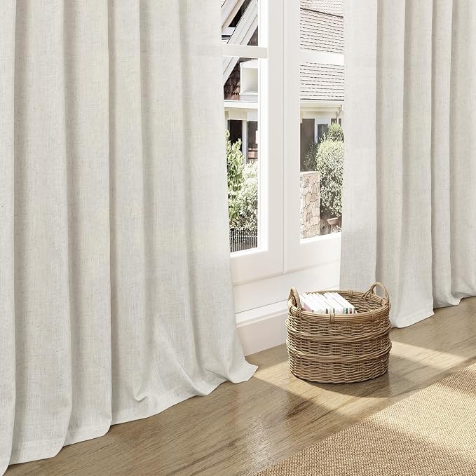 Nanspring Mousse White Lnen Curtains 102 Inches Long for Living Room Linen Light Filtering Semi Sheer Curtain Back Tab Simple Modern Floor to Ceiling Coastal Decor Drapes for Bedroom 52x102, 2 Panels