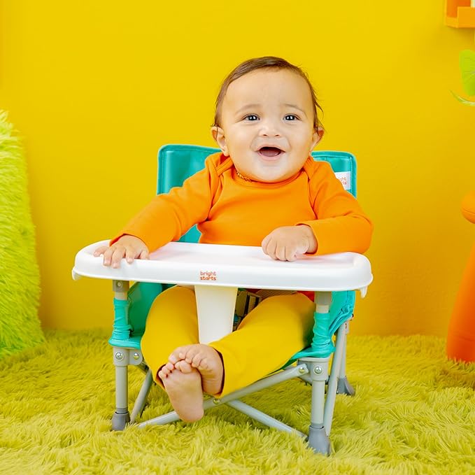 Bright Starts Pop 'N Sit Portable Booster, Indoor/Outdoor Use, Floor Seat with Feeding Tray, Teal, 6 Mos - 3 Yrs