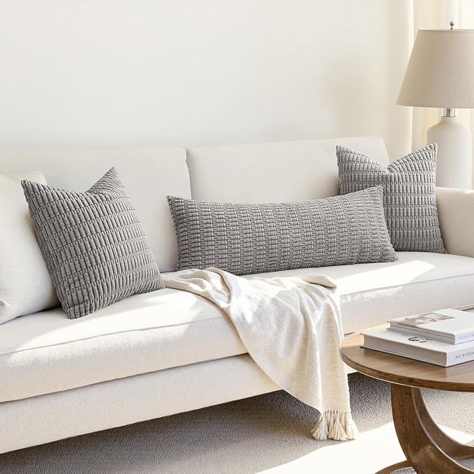 MIULEE Lumbar Corduroy Throw Pillow Cover for Bed 14x36 Light Grey Set of 1 | Soft Long Decorative Cushion Cover Boho Farmhouse Accent Pillowcase Sofa Couch Livingroom Home Decor