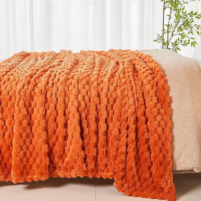 NEWCOSPLAY Super Soft Fall King Blanket Orange Premium Silky Flannel Fleece 3D Clouds Stylish Jacquard Lightweight Bed Blanket All Season Use 350GSM (Orange, King(90"x110"))
