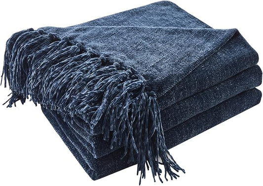 CozeCube Chenille Throw Blanket, Navy Blue Fringe Blanket, 60"X80" | For Couch, Cozy Plush Fuzzy Decorative Blanket with Fringe Tassels, Lightweight Throws for Bed Sofa Gift Home Decor