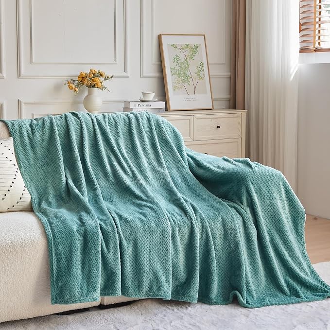 NEWCOSPLAY Fleece Leaves Pattern Throw Blanket, Light Teal, 50"x60" | Super Soft Throw Blanket, Lightweight Cozy Bed Sofa Blanket, Premium Silky Flannel Fleece, Travel Blanket for All Season Use