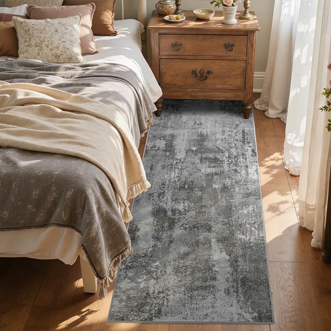2x6 Ft Washable Runner Rug, Non-Slip Low Pile Hallway Kitchen Area Rug, Soft Long Entryway Floor Mat Abstract Pattern Carpet for Bedside & High-Traffic Areas (Dark Grey)