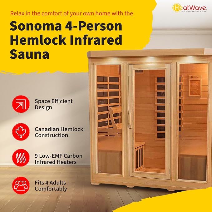 Heat Wave Sonoma 4 Person Infrared Sauna for Home - Thick Hemlock Interior with Chromotherapy Light & 9 Carbon Infrared Heaters for Energy-Efficient, Low EMF Infrared Sauna Relaxation