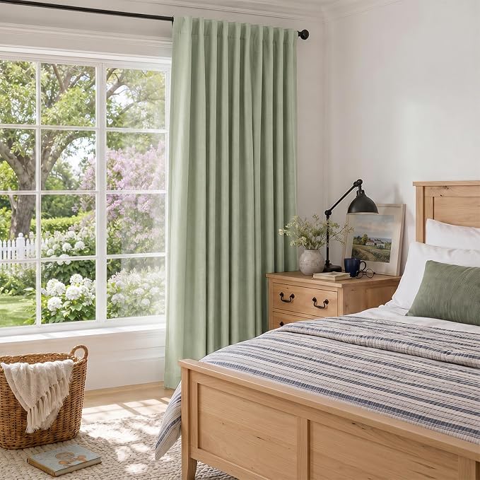 100% Blackout Shield Linen Blackout Sliding Door Curtains for Living Room, Back Tab/Rod Pocket Thermal Insulated Curtains for Sliding Glass Doors, 1 Panel Set, 100" W x 96" L, Sage