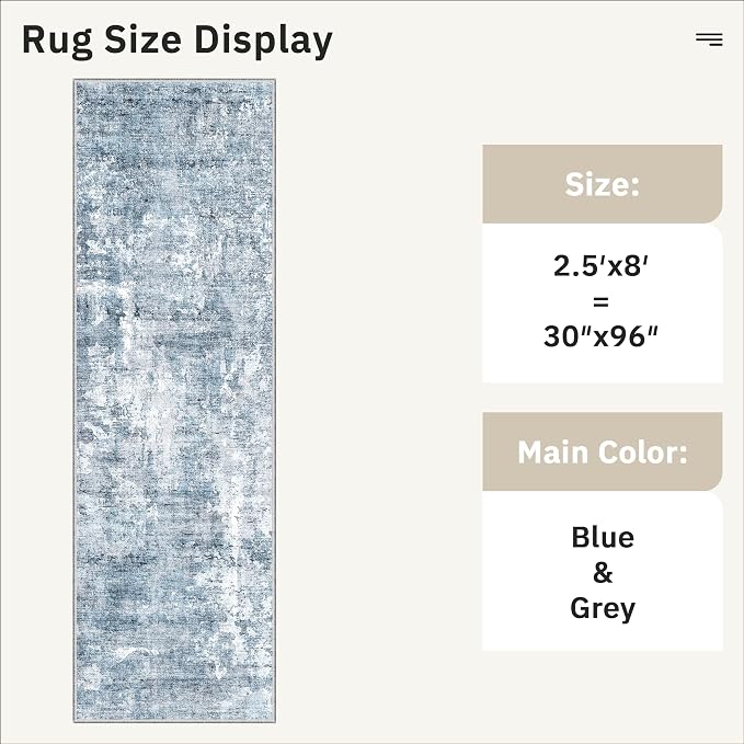 Soalmost Runner Rug 2'6"x8' Kitchen Hallway Runners Abstract Blue/Grey | Washable Non-Slip 2.5x8ft Carpet Entryway Bathroom, Low Pile Vintage Foldable Floor Mat for Corridor Laundry Room Bedroom