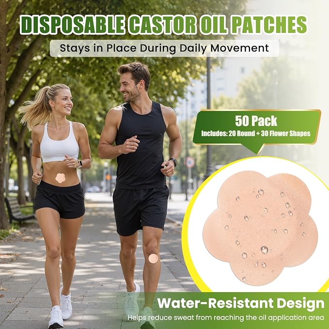 Castor Oil Patches for Belly Button, 50 Pack Disposable Self-Adhesive Patches with Cotton Pads, Leak-Resistant & Breathable Design, Portable, No Washing Needed (Beige)