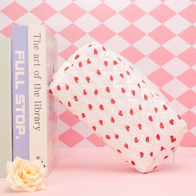 PAZIMIIK Small Quilted Makeup Bag,Zipper Cosmetic Pouch,Strawberry | Lightweight Cosmetic Bag Organizer for Women,Purse Storage Holds Makeup,Toiletries,Skincare,Beauty Essentials,Travel Items