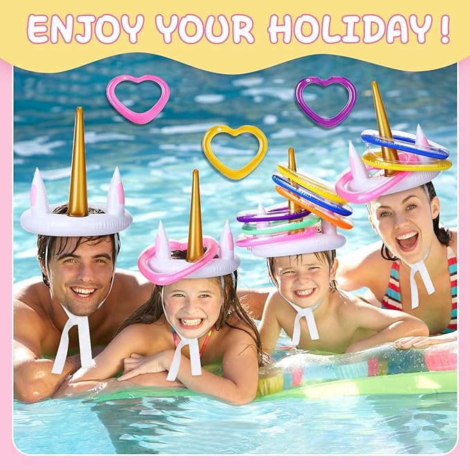 RoundFunny Unicorn Party Games with 1 Unicorn and 6 Heart Rings Inflatable Ring Toss Game Set Multicolor Toss for Party Outdoor Game Favors Birthday 1 Set